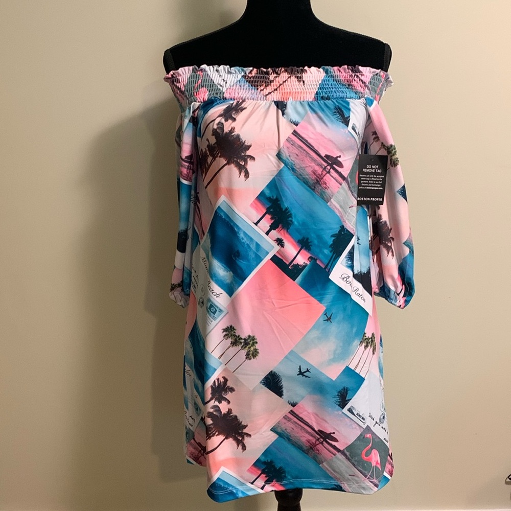 Boston Proper Postcard Print off the shoulders Dress (xxs) NWT